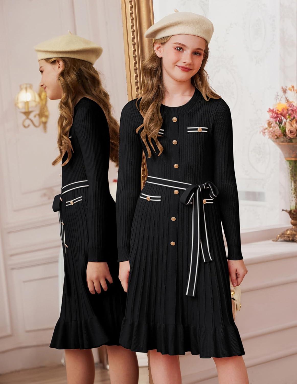 imageGRACE KARIN Girls Fall Sweater Dress Tween Long Sleeve Fashion Button Front Fancy Ruffle Winter Casual Dresses Size 614Black