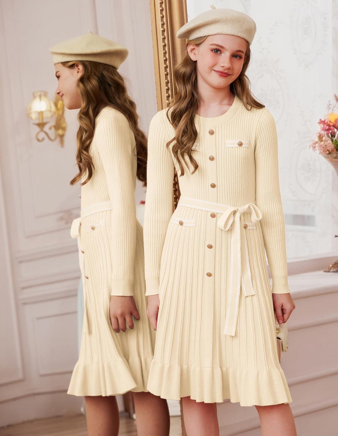 imageGRACE KARIN Girls Fall Sweater Dress Tween Long Sleeve Fashion Button Front Fancy Ruffle Winter Casual Dresses Size 614Cream