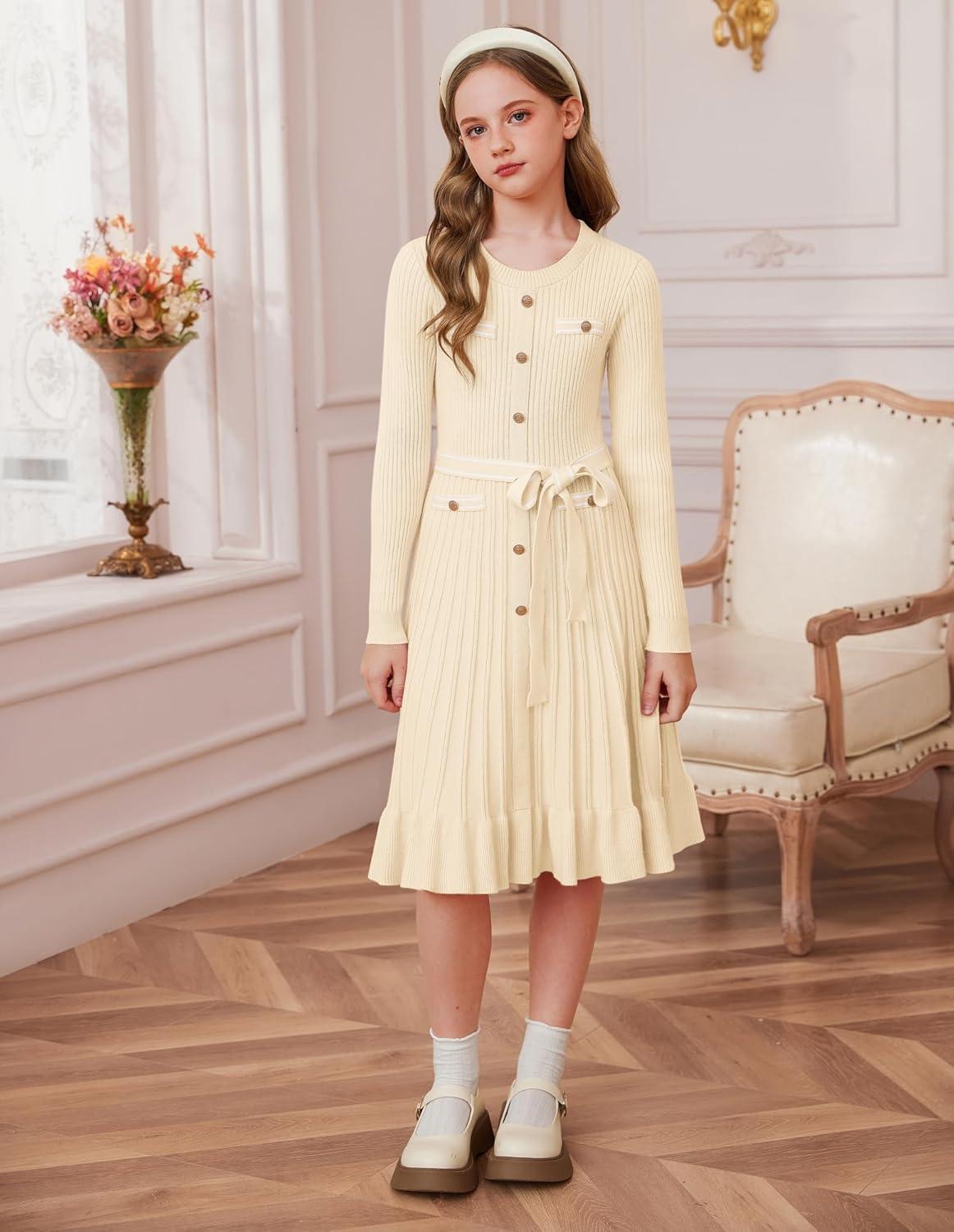 imageGRACE KARIN Girls Fall Sweater Dress Tween Long Sleeve Fashion Button Front Fancy Ruffle Winter Casual Dresses Size 614Cream