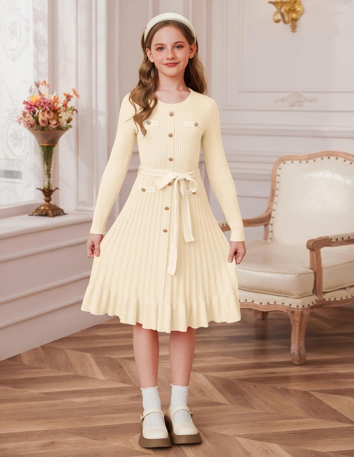 imageGRACE KARIN Girls Fall Sweater Dress Tween Long Sleeve Fashion Button Front Fancy Ruffle Winter Casual Dresses Size 614Cream