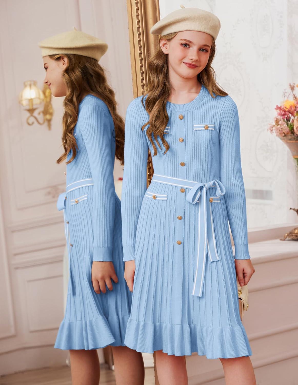 imageGRACE KARIN Girls Fall Sweater Dress Tween Long Sleeve Fashion Button Front Fancy Ruffle Winter Casual Dresses Size 614Light Blue