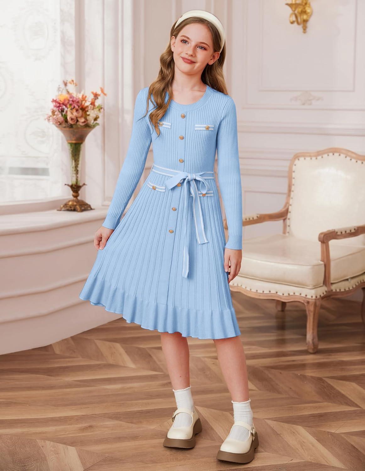 imageGRACE KARIN Girls Fall Sweater Dress Tween Long Sleeve Fashion Button Front Fancy Ruffle Winter Casual Dresses Size 614Light Blue