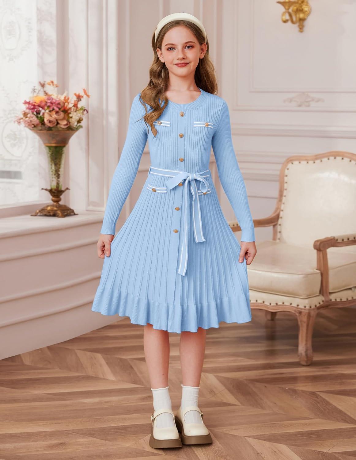 imageGRACE KARIN Girls Fall Sweater Dress Tween Long Sleeve Fashion Button Front Fancy Ruffle Winter Casual Dresses Size 614Light Blue
