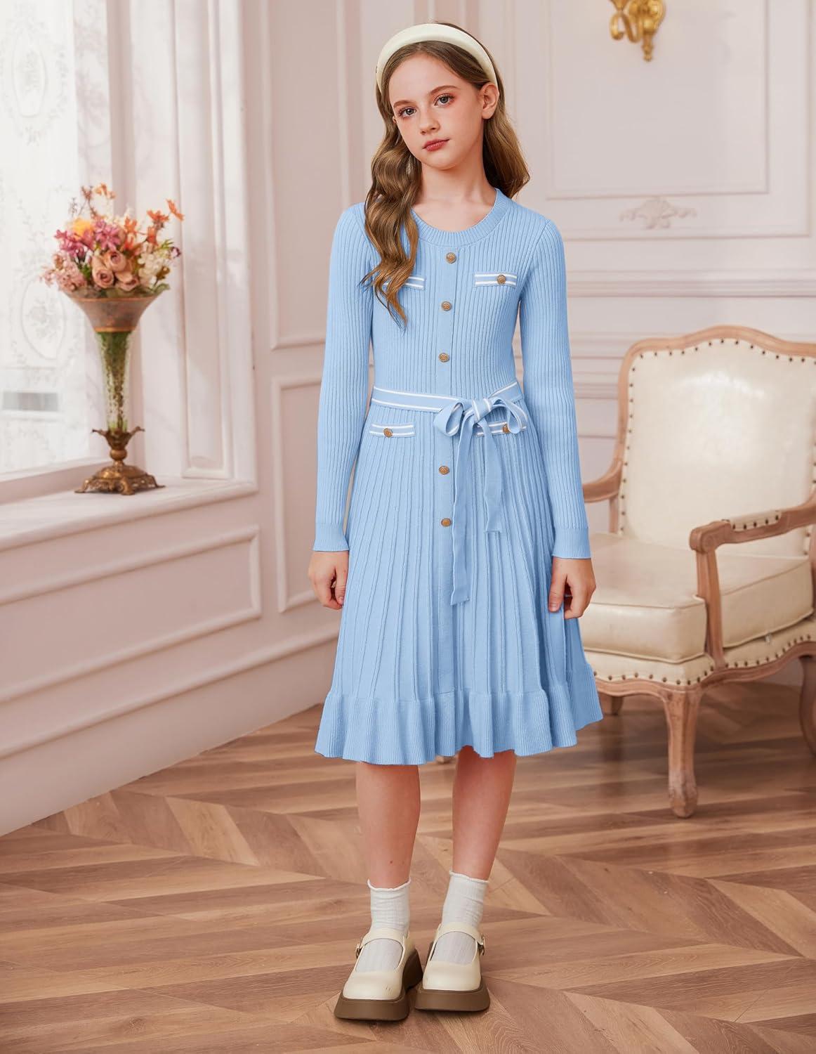 imageGRACE KARIN Girls Fall Sweater Dress Tween Long Sleeve Fashion Button Front Fancy Ruffle Winter Casual Dresses Size 614Light Blue