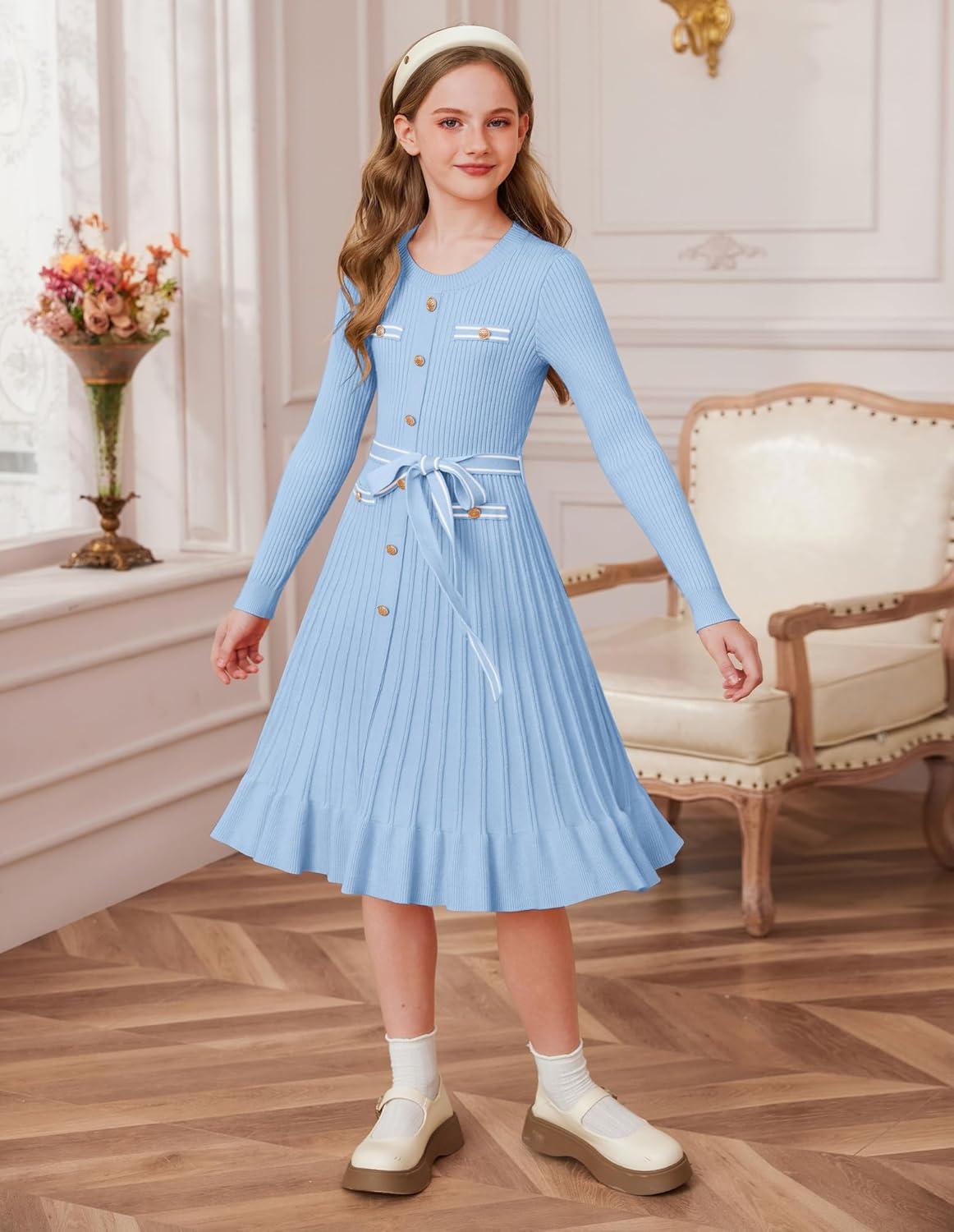 imageGRACE KARIN Girls Fall Sweater Dress Tween Long Sleeve Fashion Button Front Fancy Ruffle Winter Casual Dresses Size 614Light Blue