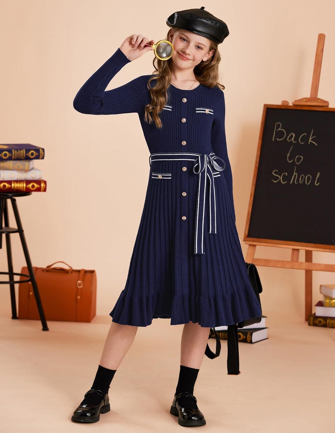 imageGRACE KARIN Girls Fall Sweater Dress Tween Long Sleeve Fashion Button Front Fancy Ruffle Winter Casual Dresses Size 614Navy Blue