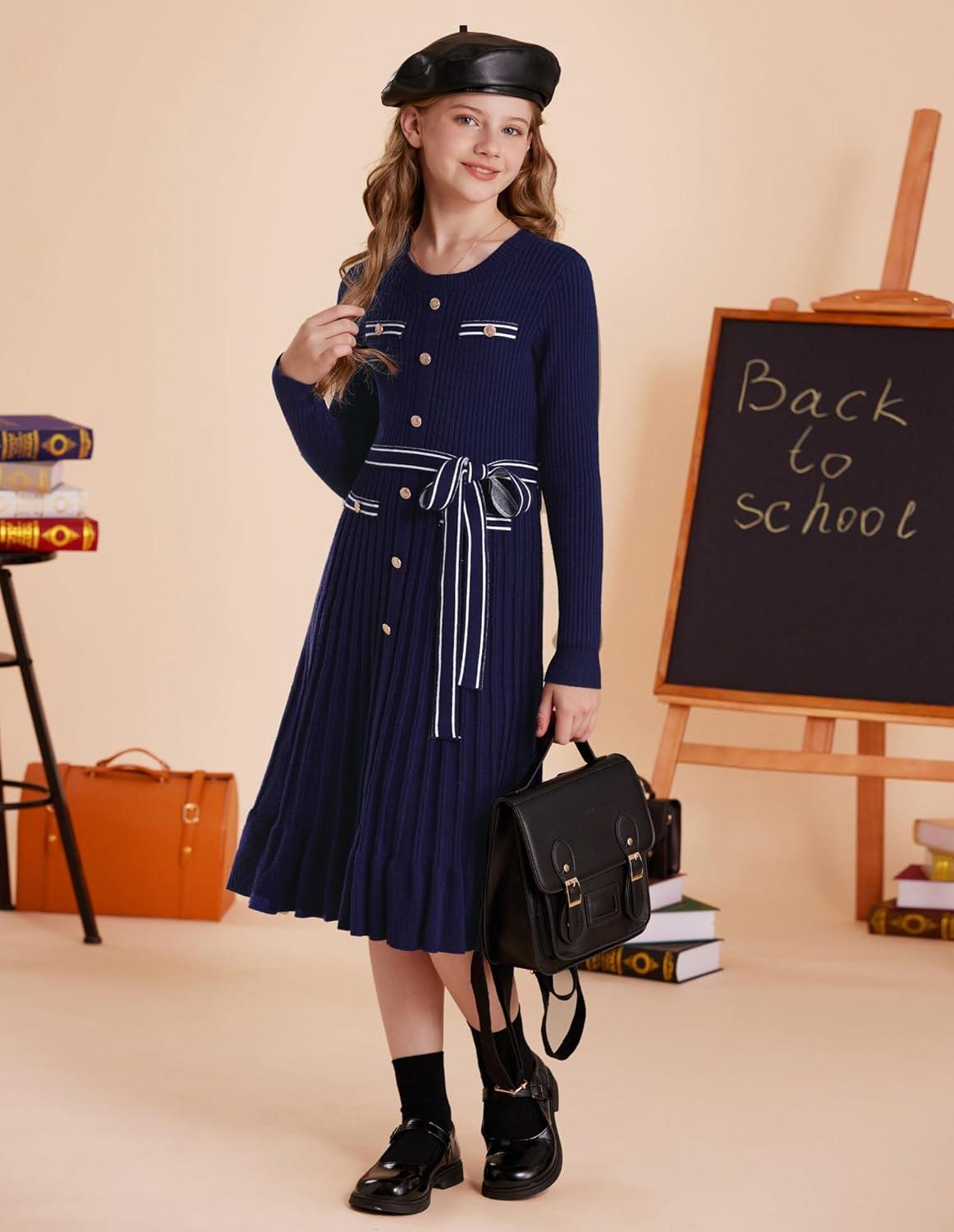imageGRACE KARIN Girls Fall Sweater Dress Tween Long Sleeve Fashion Button Front Fancy Ruffle Winter Casual Dresses Size 614Navy Blue