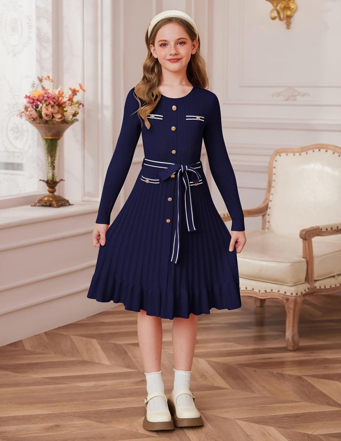 imageGRACE KARIN Girls Fall Sweater Dress Tween Long Sleeve Fashion Button Front Fancy Ruffle Winter Casual Dresses Size 614Navy Blue