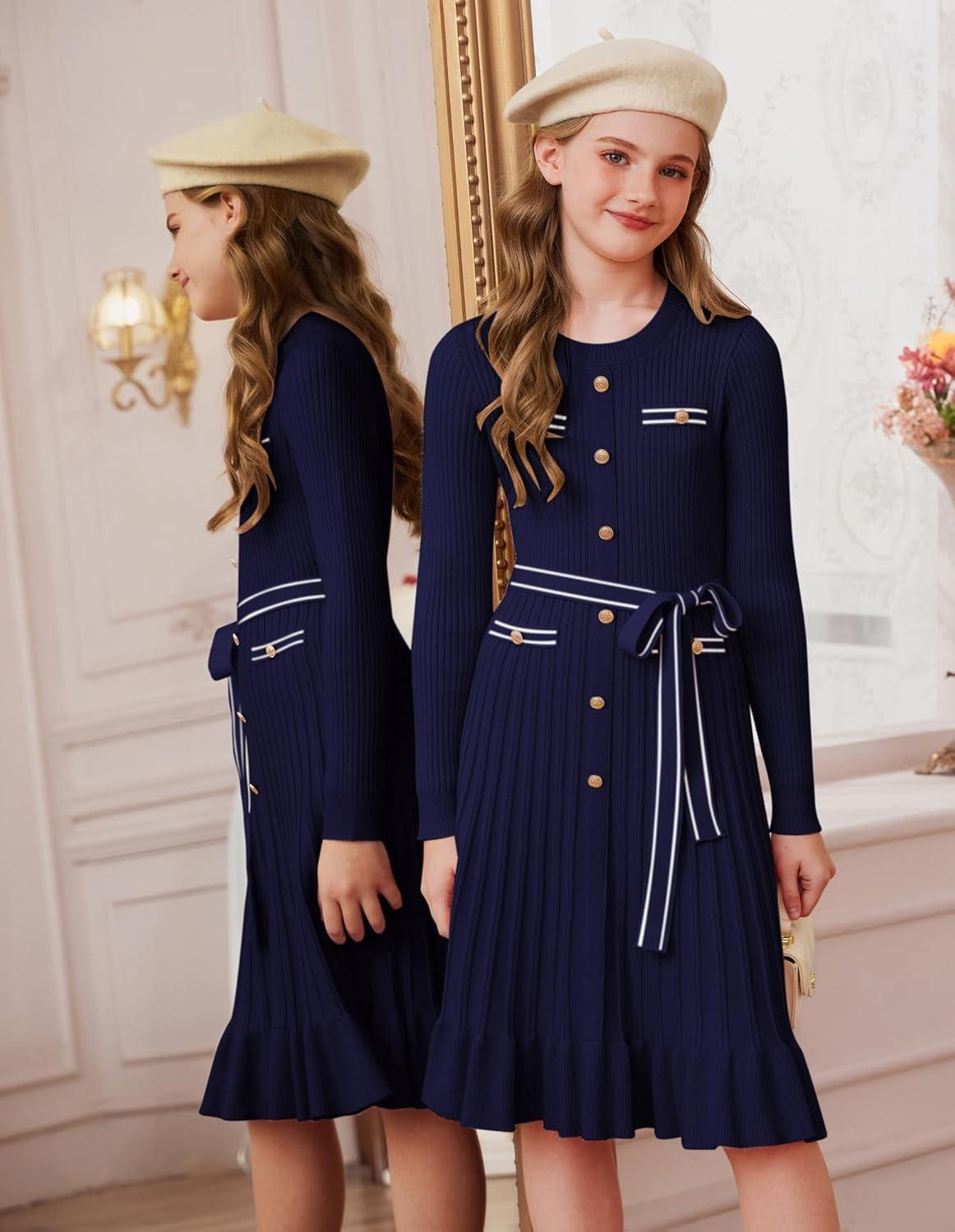 imageGRACE KARIN Girls Fall Sweater Dress Tween Long Sleeve Fashion Button Front Fancy Ruffle Winter Casual Dresses Size 614Navy Blue