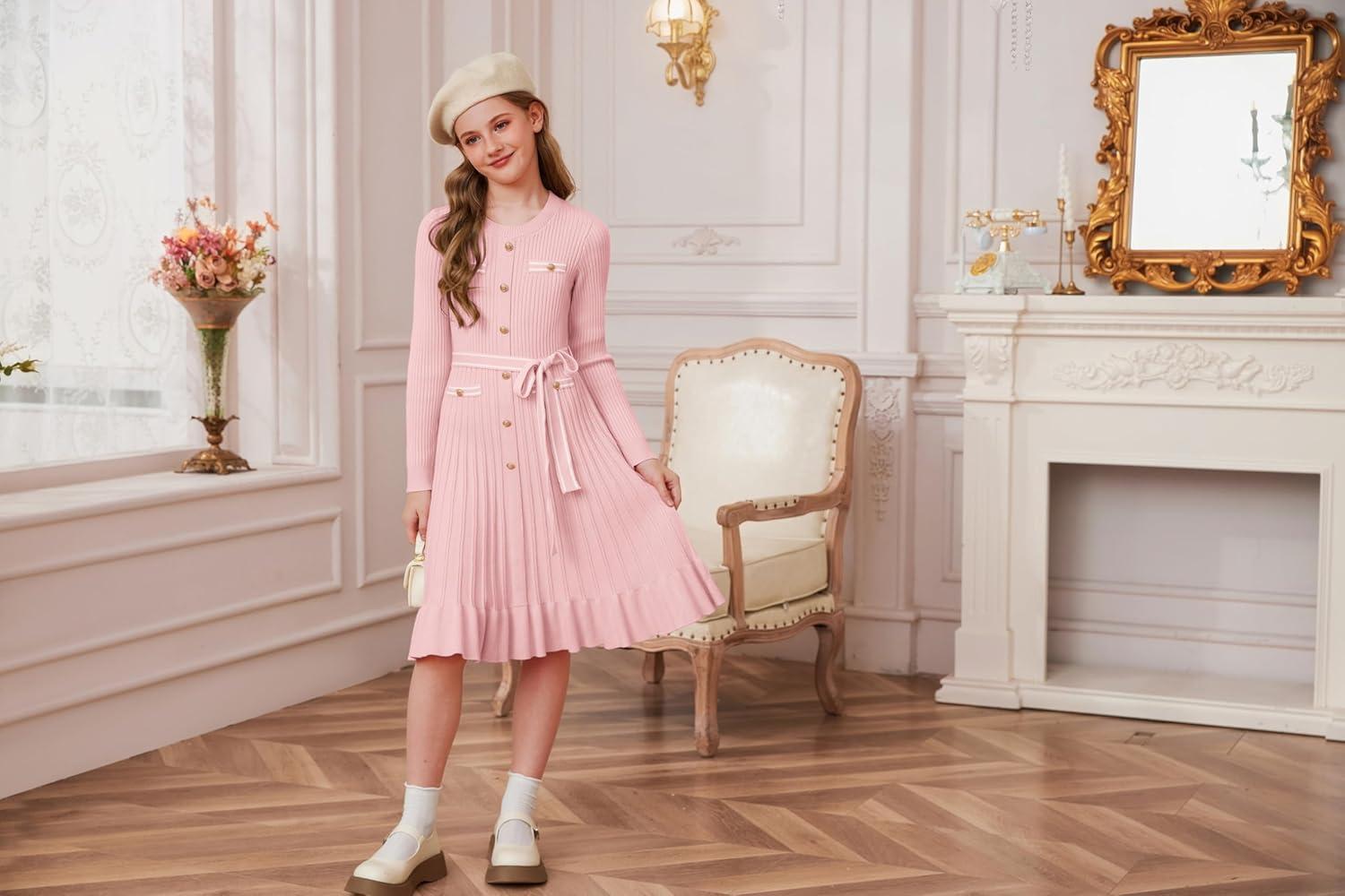 imageGRACE KARIN Girls Fall Sweater Dress Tween Long Sleeve Fashion Button Front Fancy Ruffle Winter Casual Dresses Size 614Pink