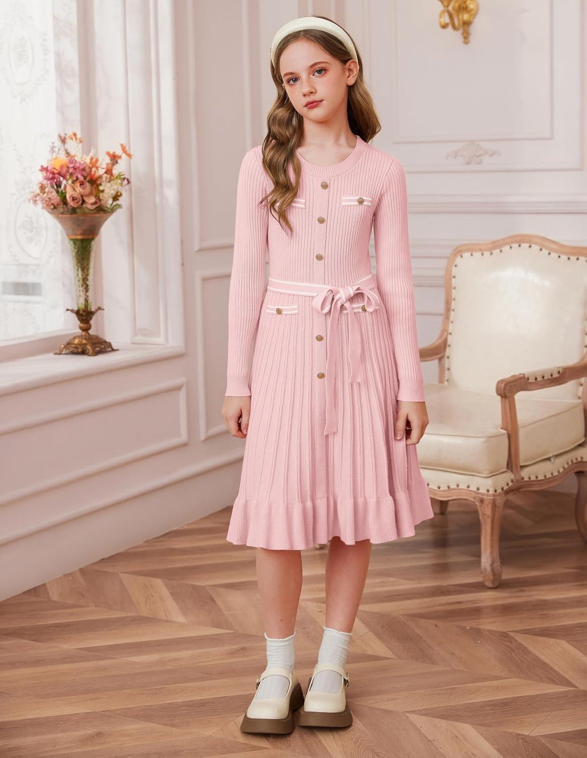 imageGRACE KARIN Girls Fall Sweater Dress Tween Long Sleeve Fashion Button Front Fancy Ruffle Winter Casual Dresses Size 614Pink