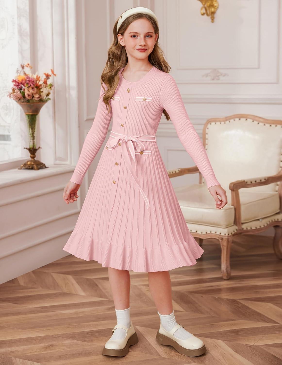 imageGRACE KARIN Girls Fall Sweater Dress Tween Long Sleeve Fashion Button Front Fancy Ruffle Winter Casual Dresses Size 614Pink