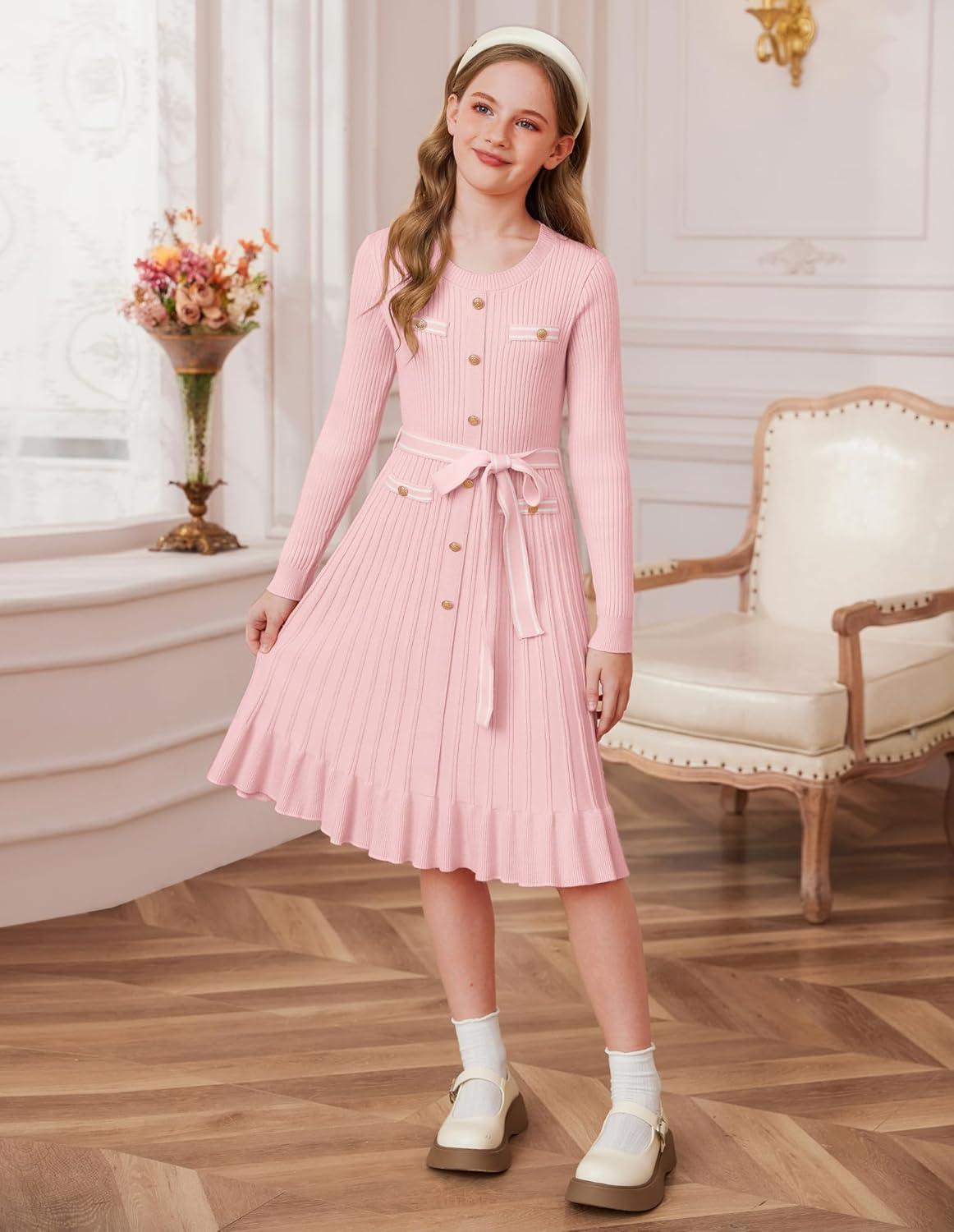 imageGRACE KARIN Girls Fall Sweater Dress Tween Long Sleeve Fashion Button Front Fancy Ruffle Winter Casual Dresses Size 614Pink