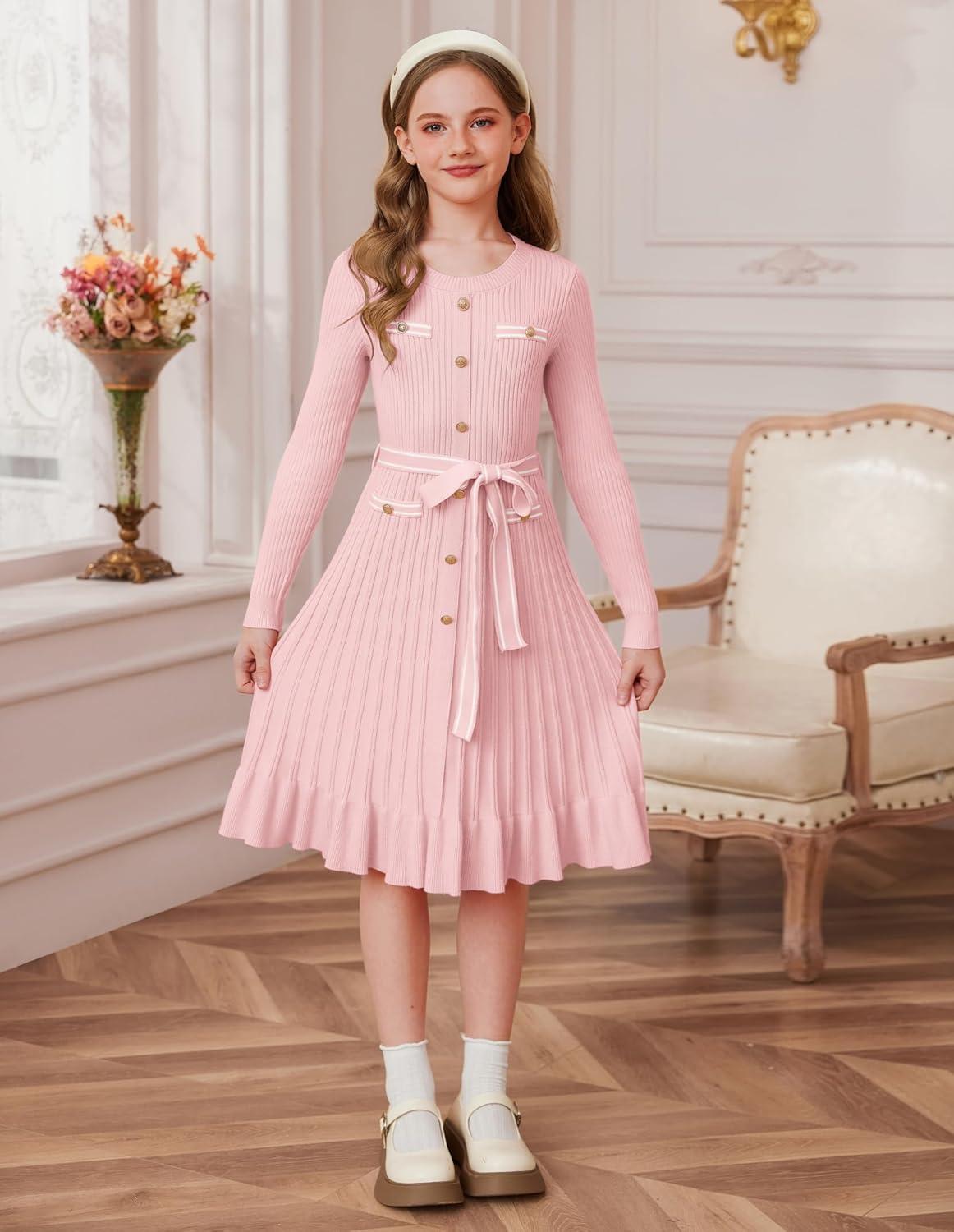 imageGRACE KARIN Girls Fall Sweater Dress Tween Long Sleeve Fashion Button Front Fancy Ruffle Winter Casual Dresses Size 614Pink