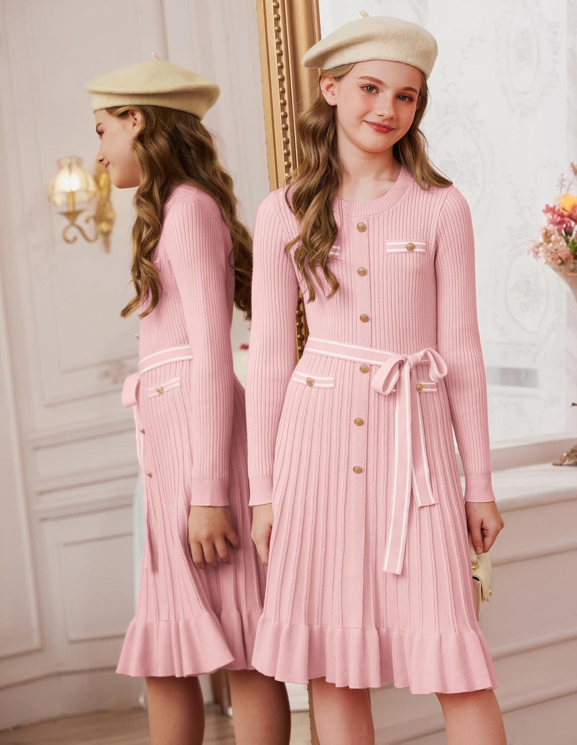 imageGRACE KARIN Girls Fall Sweater Dress Tween Long Sleeve Fashion Button Front Fancy Ruffle Winter Casual Dresses Size 614Pink