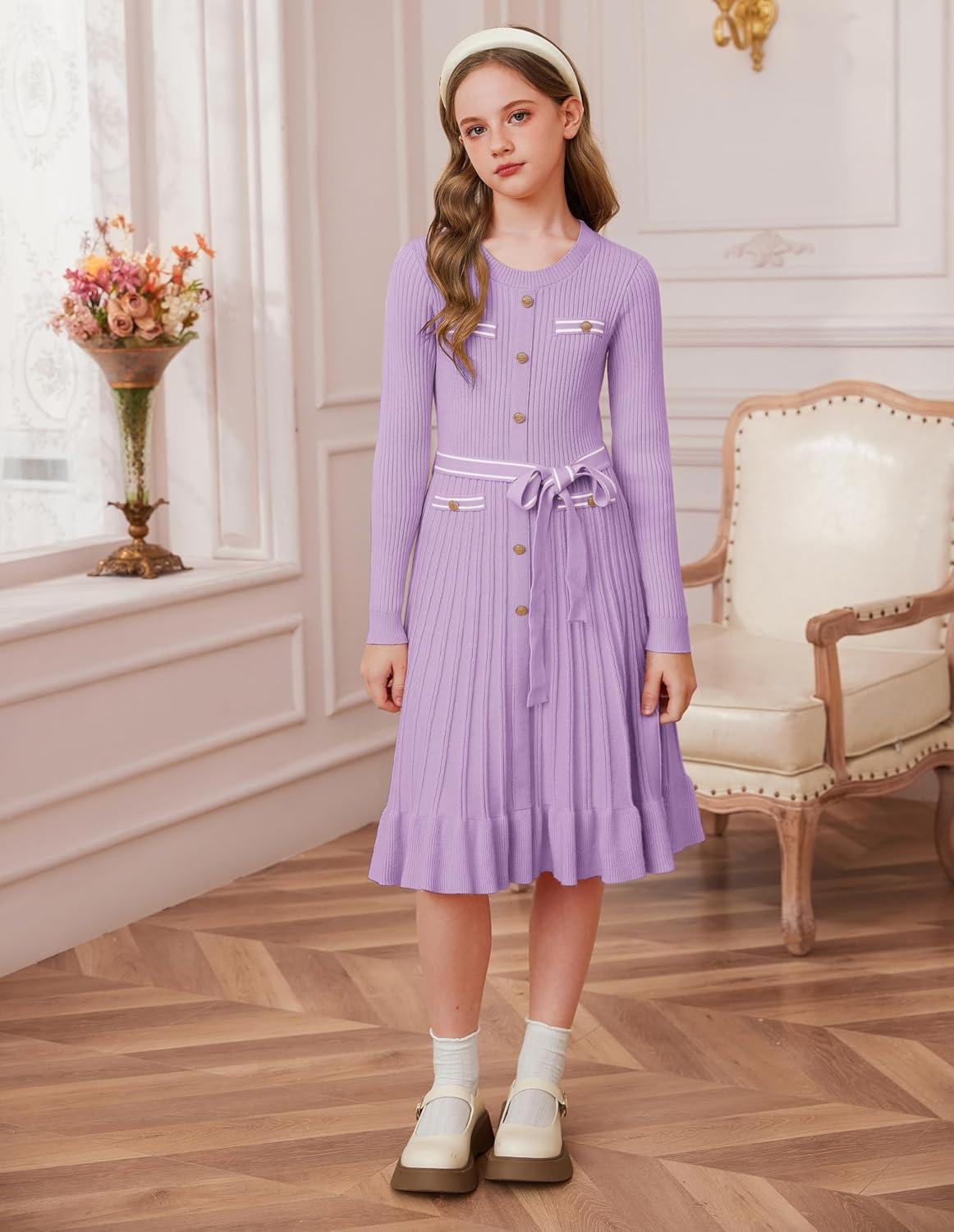 imageGRACE KARIN Girls Fall Sweater Dress Tween Long Sleeve Fashion Button Front Fancy Ruffle Winter Casual Dresses Size 614Purple