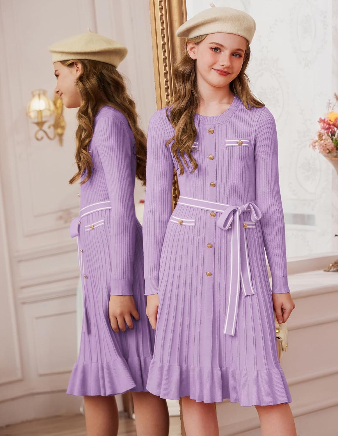 imageGRACE KARIN Girls Fall Sweater Dress Tween Long Sleeve Fashion Button Front Fancy Ruffle Winter Casual Dresses Size 614Purple