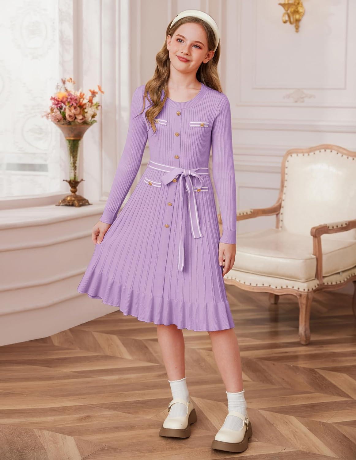 imageGRACE KARIN Girls Fall Sweater Dress Tween Long Sleeve Fashion Button Front Fancy Ruffle Winter Casual Dresses Size 614Purple