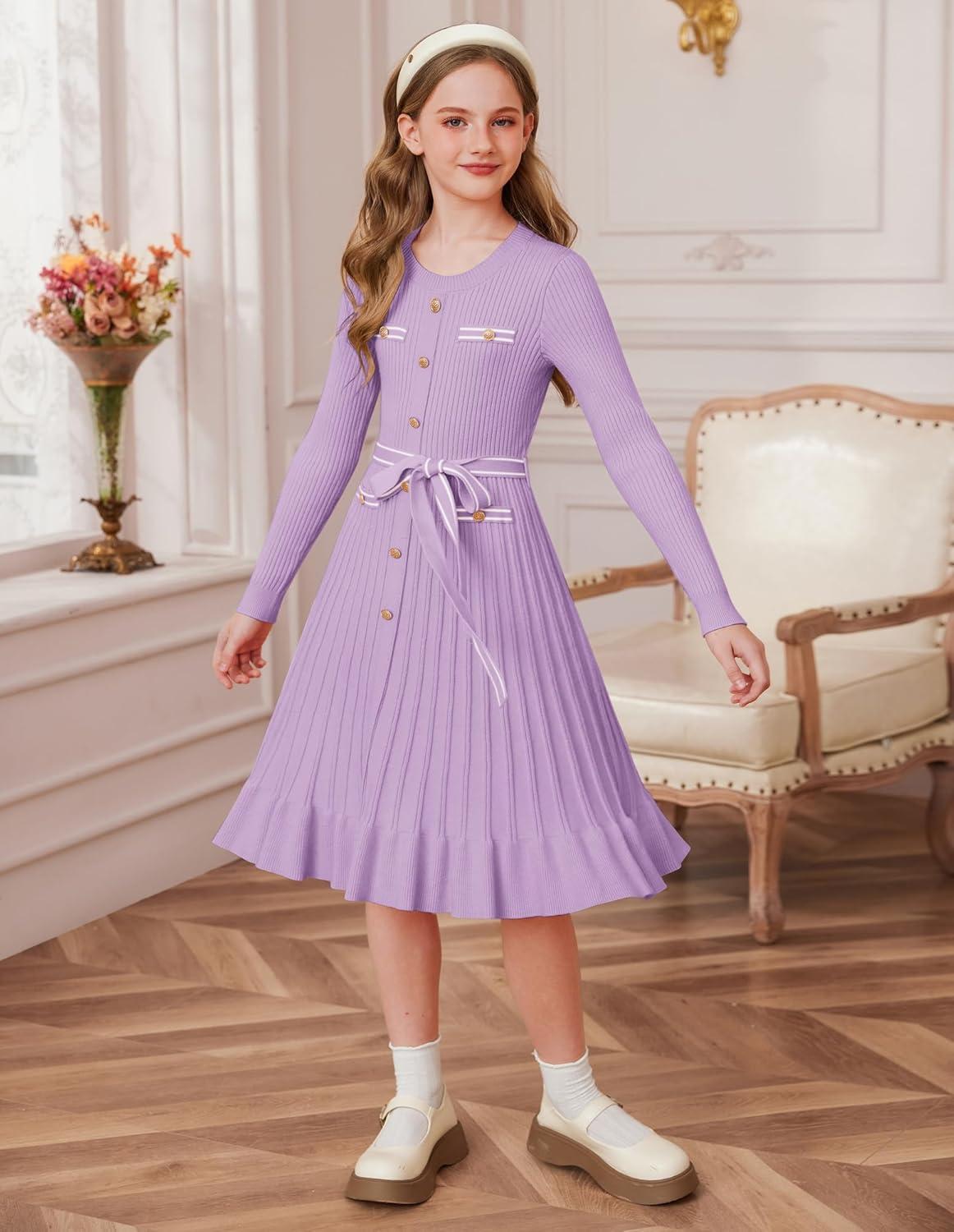 imageGRACE KARIN Girls Fall Sweater Dress Tween Long Sleeve Fashion Button Front Fancy Ruffle Winter Casual Dresses Size 614Purple