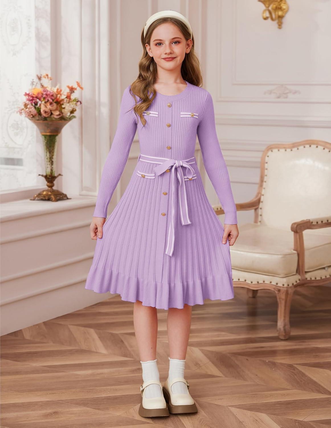imageGRACE KARIN Girls Fall Sweater Dress Tween Long Sleeve Fashion Button Front Fancy Ruffle Winter Casual Dresses Size 614Purple