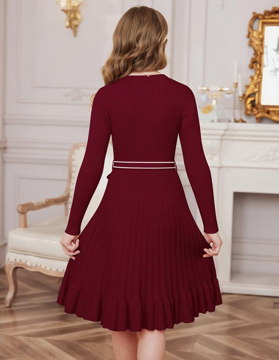 imageGRACE KARIN Girls Fall Sweater Dress Tween Long Sleeve Fashion Button Front Fancy Ruffle Winter Casual Dresses Size 614Wine Red