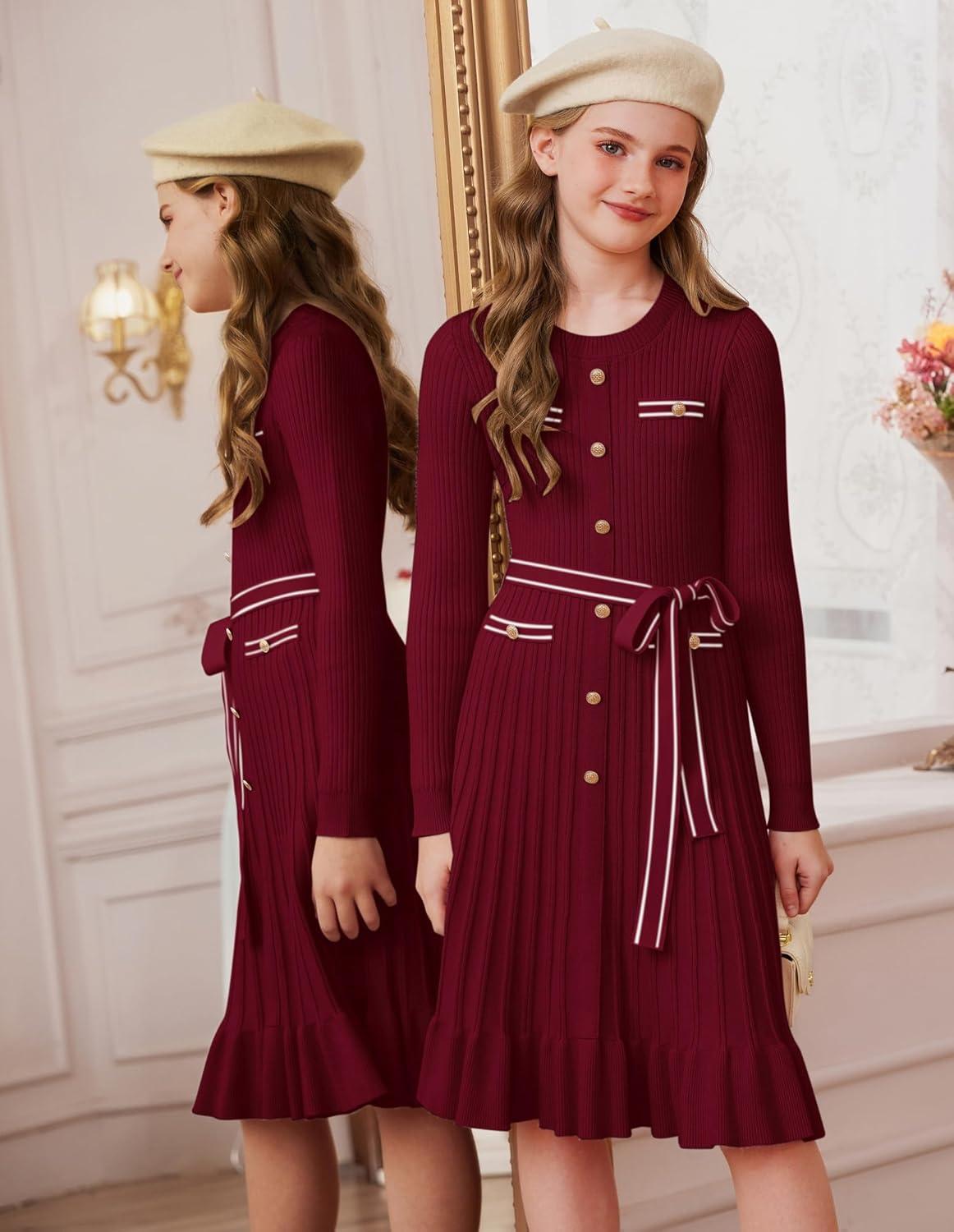 imageGRACE KARIN Girls Fall Sweater Dress Tween Long Sleeve Fashion Button Front Fancy Ruffle Winter Casual Dresses Size 614Wine Red