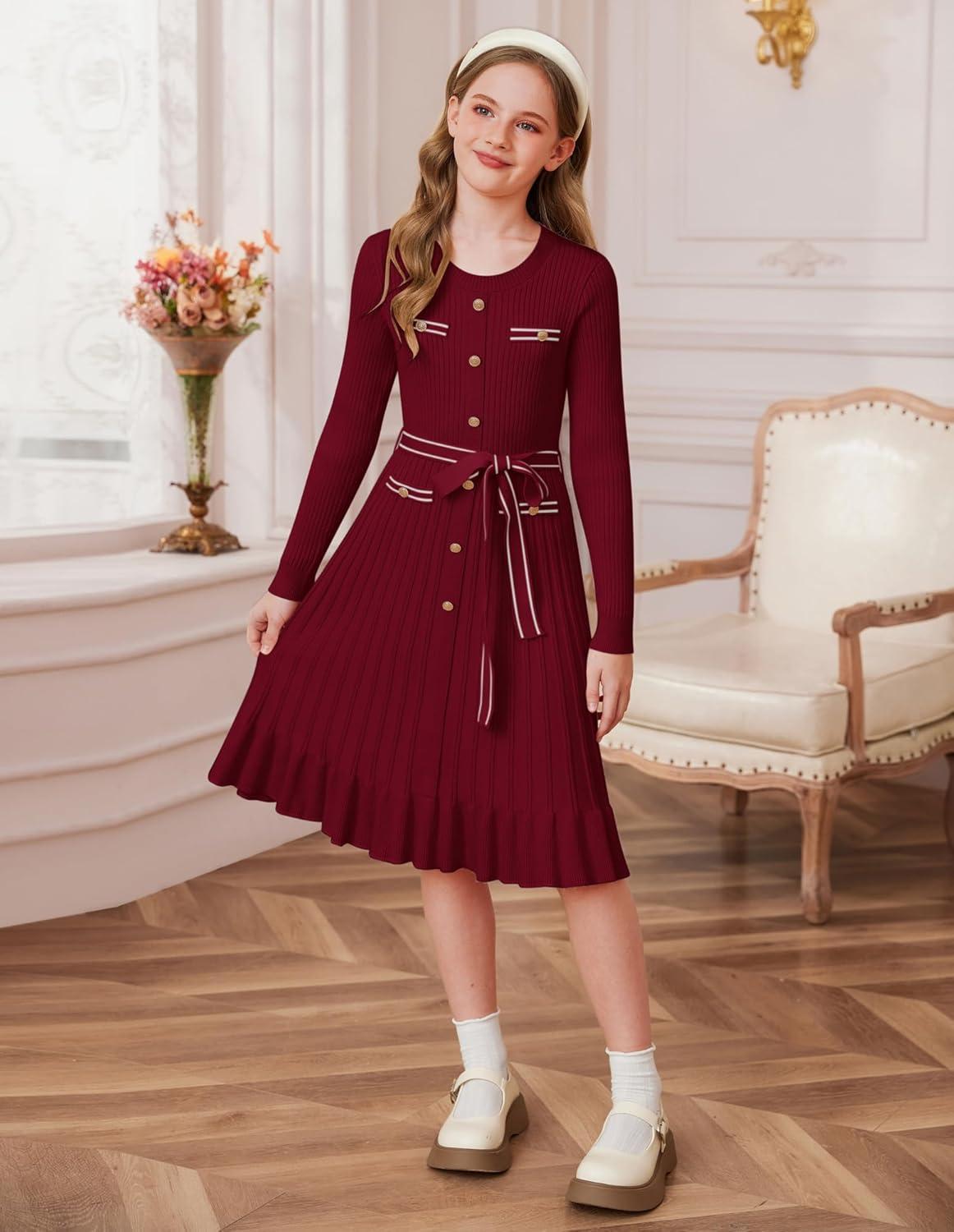 imageGRACE KARIN Girls Fall Sweater Dress Tween Long Sleeve Fashion Button Front Fancy Ruffle Winter Casual Dresses Size 614Wine Red