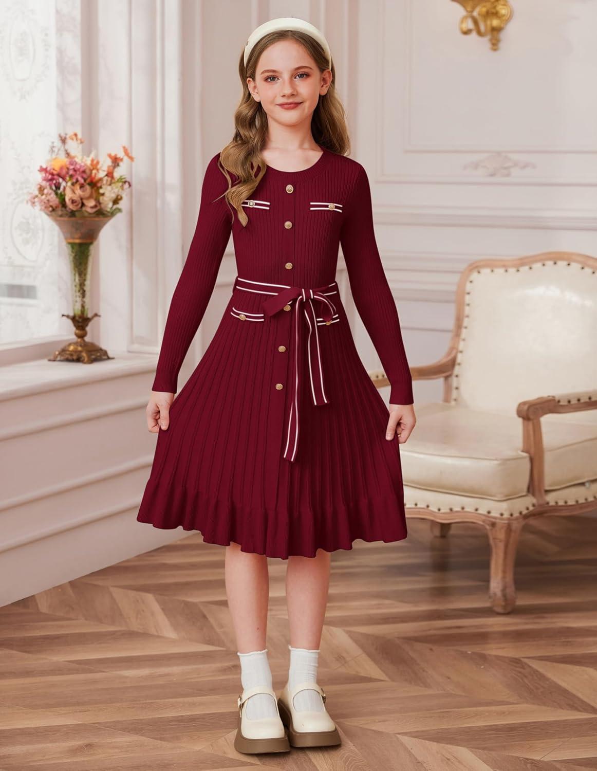 imageGRACE KARIN Girls Fall Sweater Dress Tween Long Sleeve Fashion Button Front Fancy Ruffle Winter Casual Dresses Size 614Wine Red