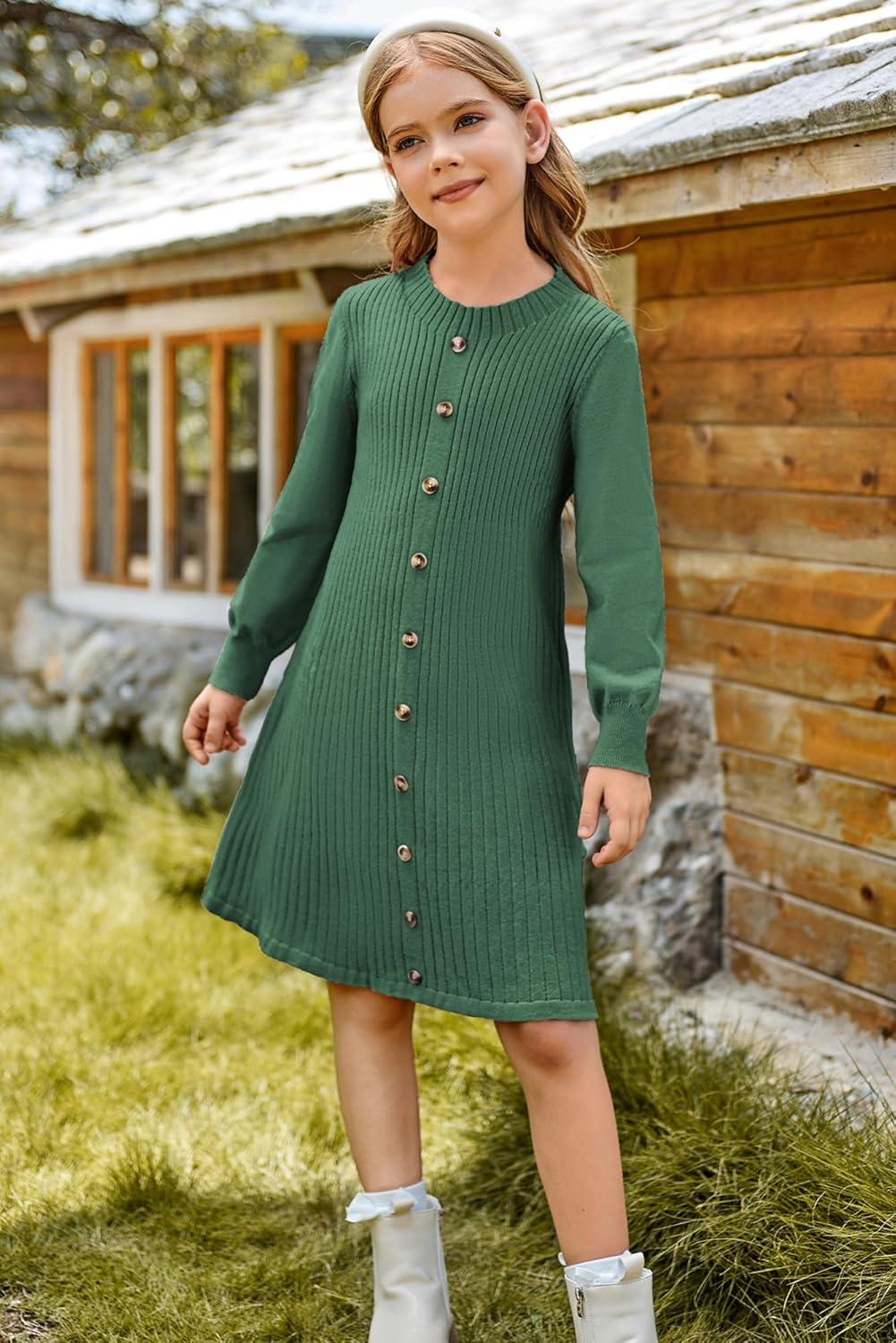 imageGRACE KARIN Girls Fall Sweater Dresses Girl Long Sleeve Winter Dress Kids Knit Casual Formal Dresses Size 614Green