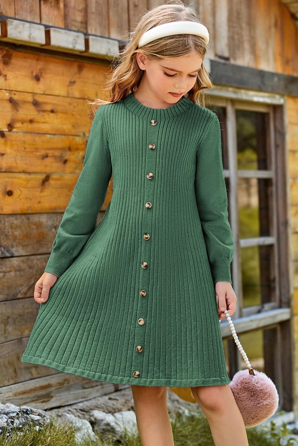 imageGRACE KARIN Girls Fall Sweater Dresses Girl Long Sleeve Winter Dress Kids Knit Casual Formal Dresses Size 614Green