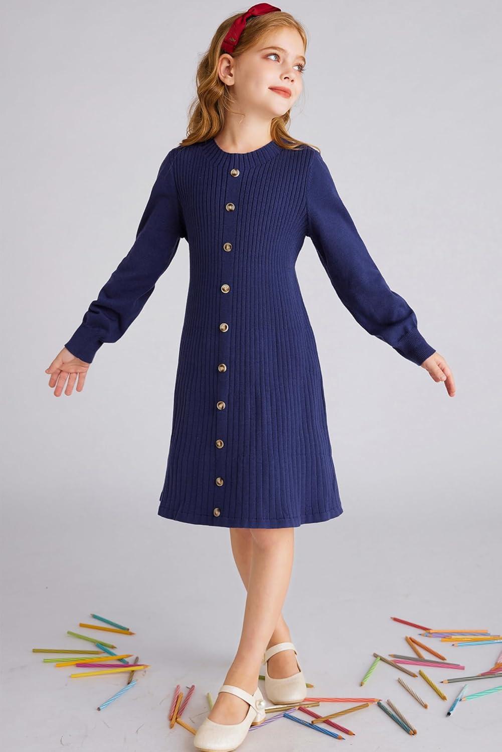 imageGRACE KARIN Girls Fall Sweater Dresses Girl Long Sleeve Winter Dress Kids Knit Casual Formal Dresses Size 614Navy Blue