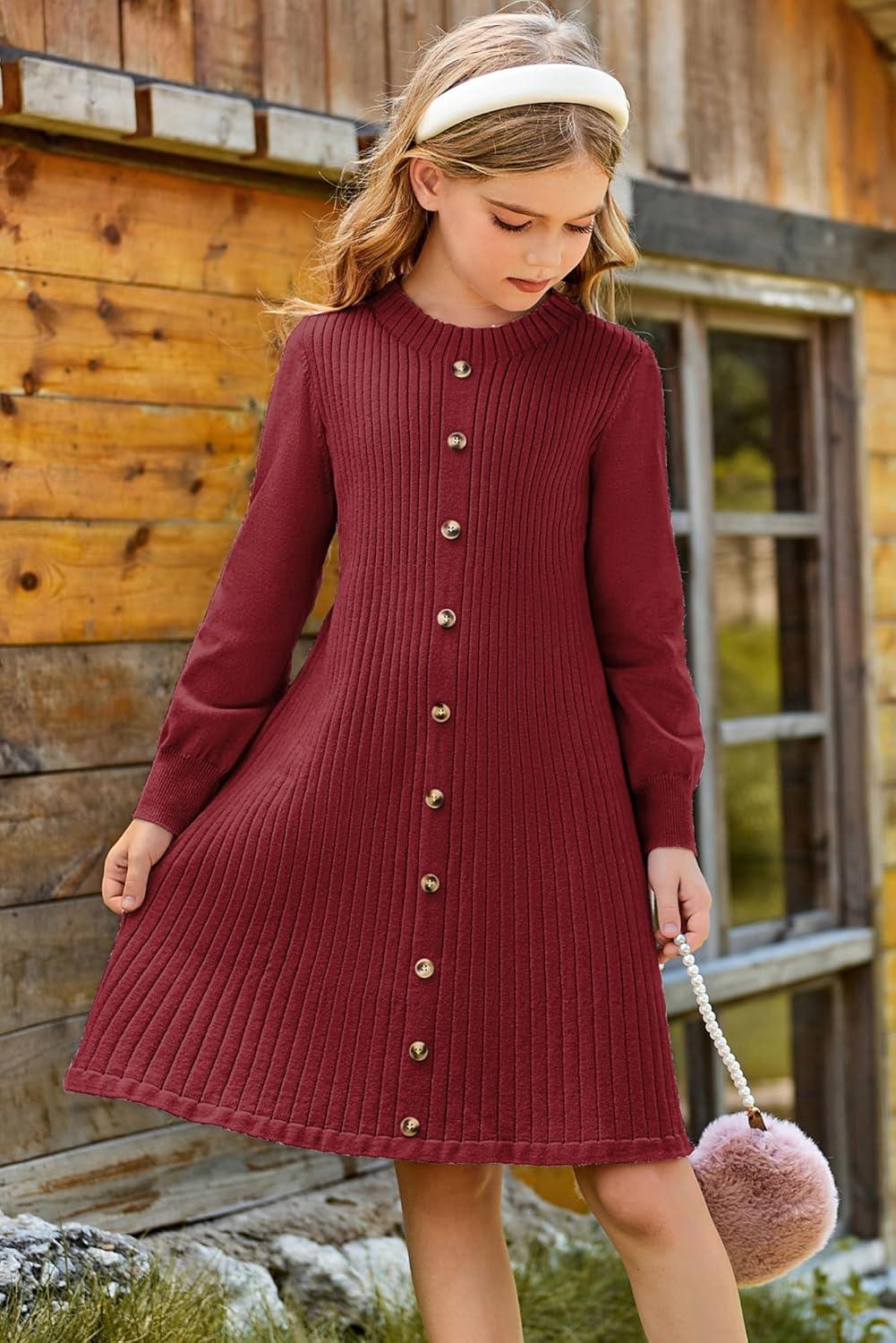 imageGRACE KARIN Girls Fall Sweater Dresses Girl Long Sleeve Winter Dress Kids Knit Casual Formal Dresses Size 614Red