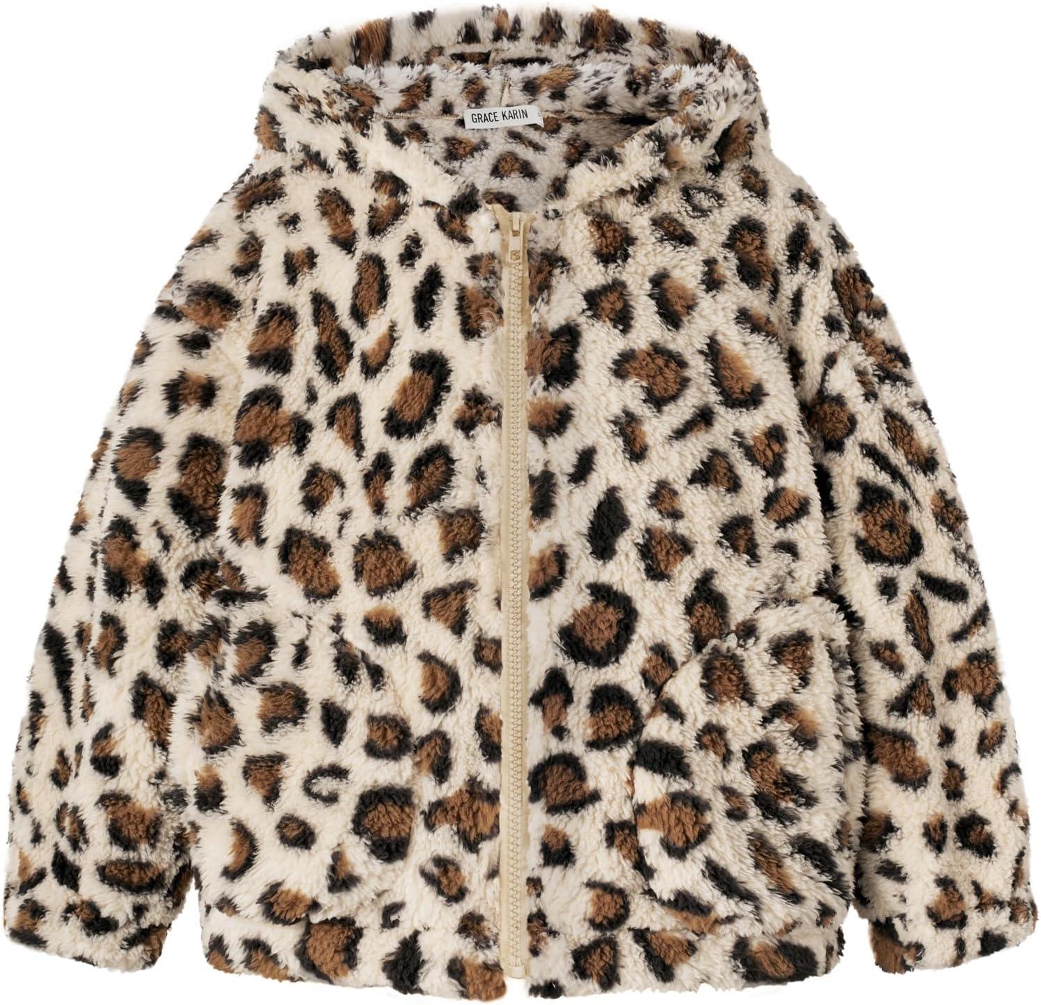 imageGRACE KARIN Girls Fleece Jacket Zip Up Sherpa Coat Kids Fall Hoodie Fuzzy Sweatshirt Size 514Apricot Leopard