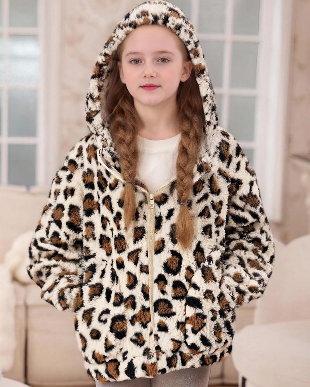 imageGRACE KARIN Girls Fleece Jacket Zip Up Sherpa Coat Kids Fall Hoodie Fuzzy Sweatshirt Size 514Apricot Leopard