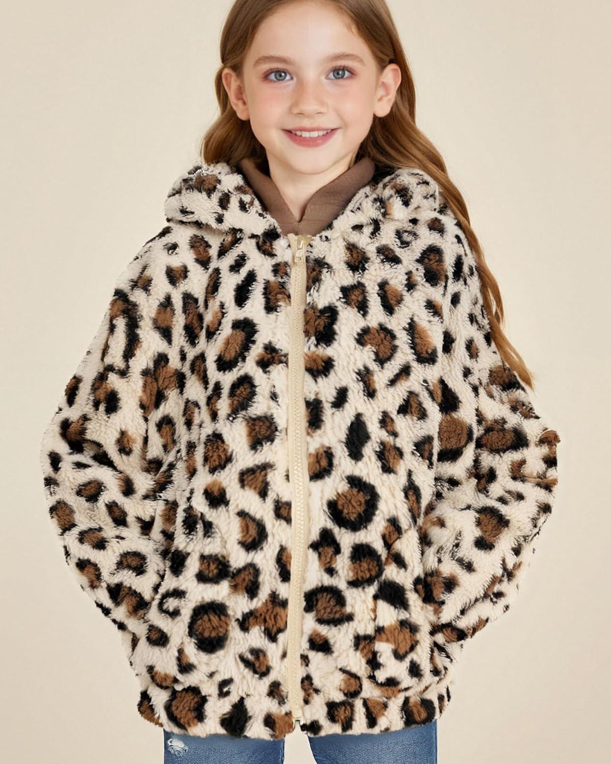 imageGRACE KARIN Girls Fleece Jacket Zip Up Sherpa Coat Kids Fall Hoodie Fuzzy Sweatshirt Size 514Apricot Leopard