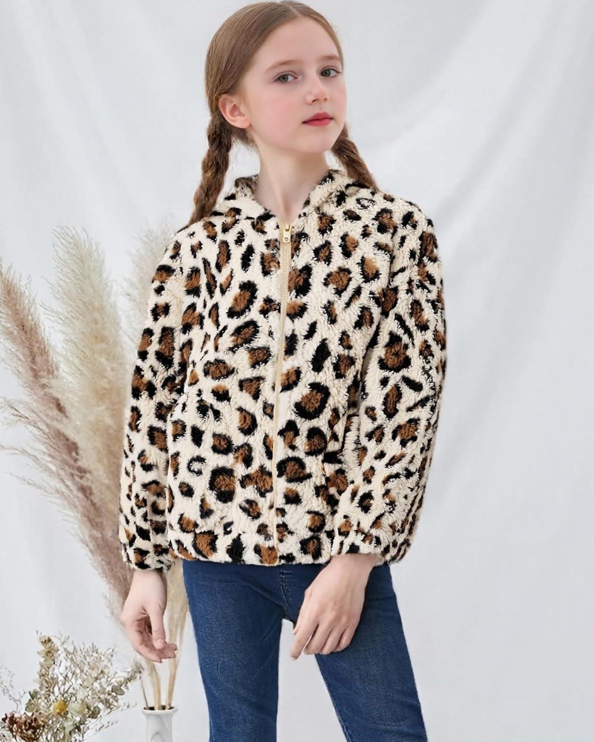 imageGRACE KARIN Girls Fleece Jacket Zip Up Sherpa Coat Kids Fall Hoodie Fuzzy Sweatshirt Size 514Apricot Leopard