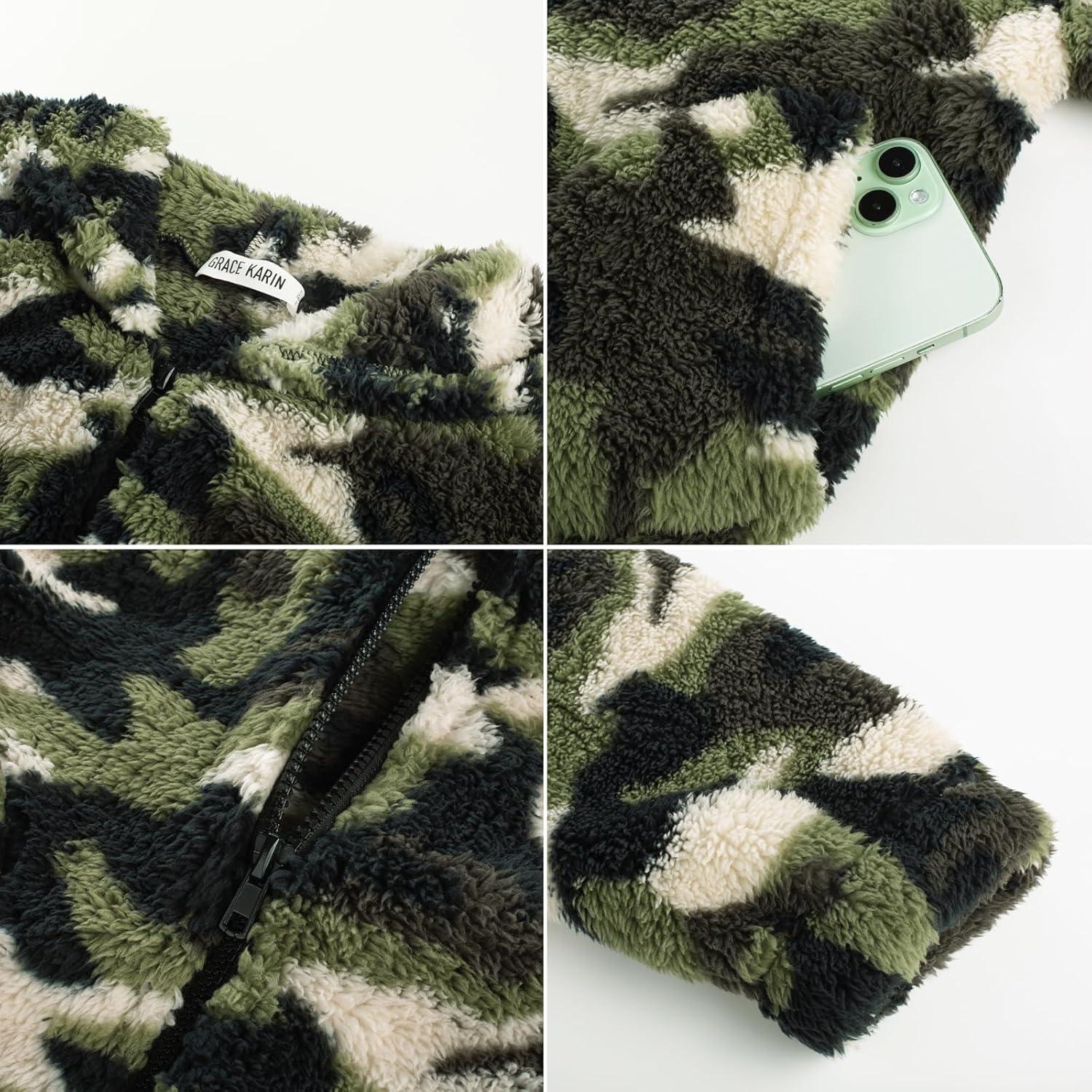 imageGRACE KARIN Girls Fleece Jacket Zip Up Sherpa Coat Kids Fall Hoodie Fuzzy Sweatshirt Size 514Army Green Camouflage