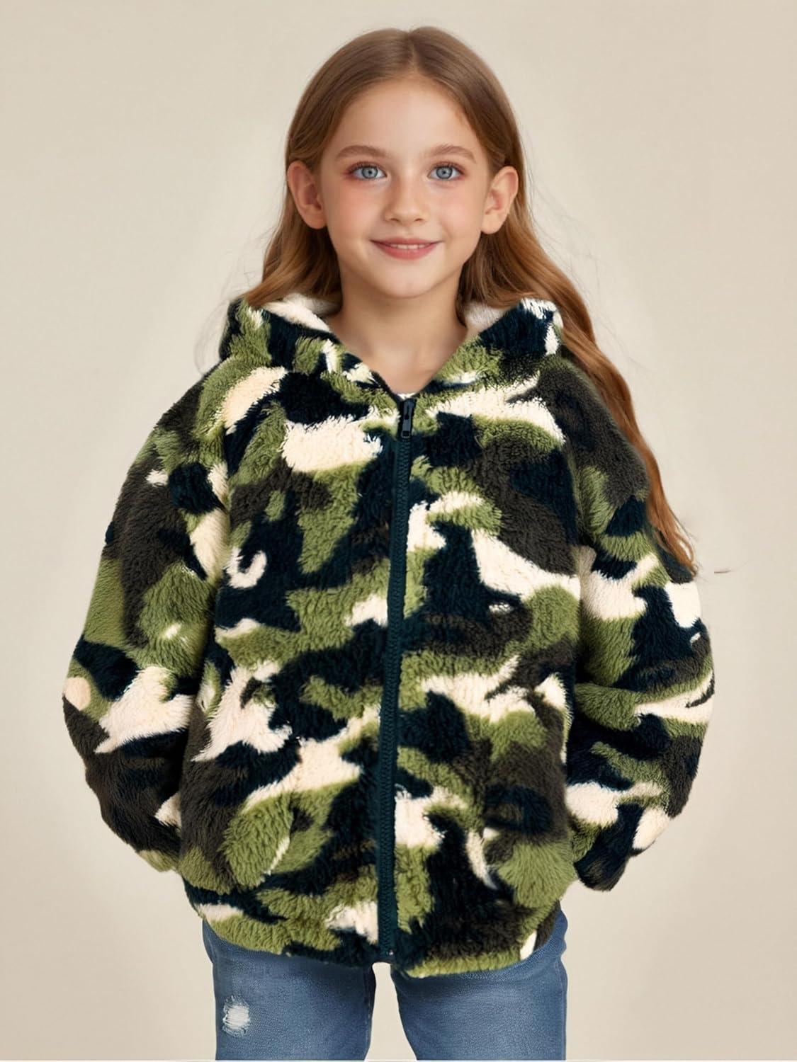imageGRACE KARIN Girls Fleece Jacket Zip Up Sherpa Coat Kids Fall Hoodie Fuzzy Sweatshirt Size 514Army Green Camouflage