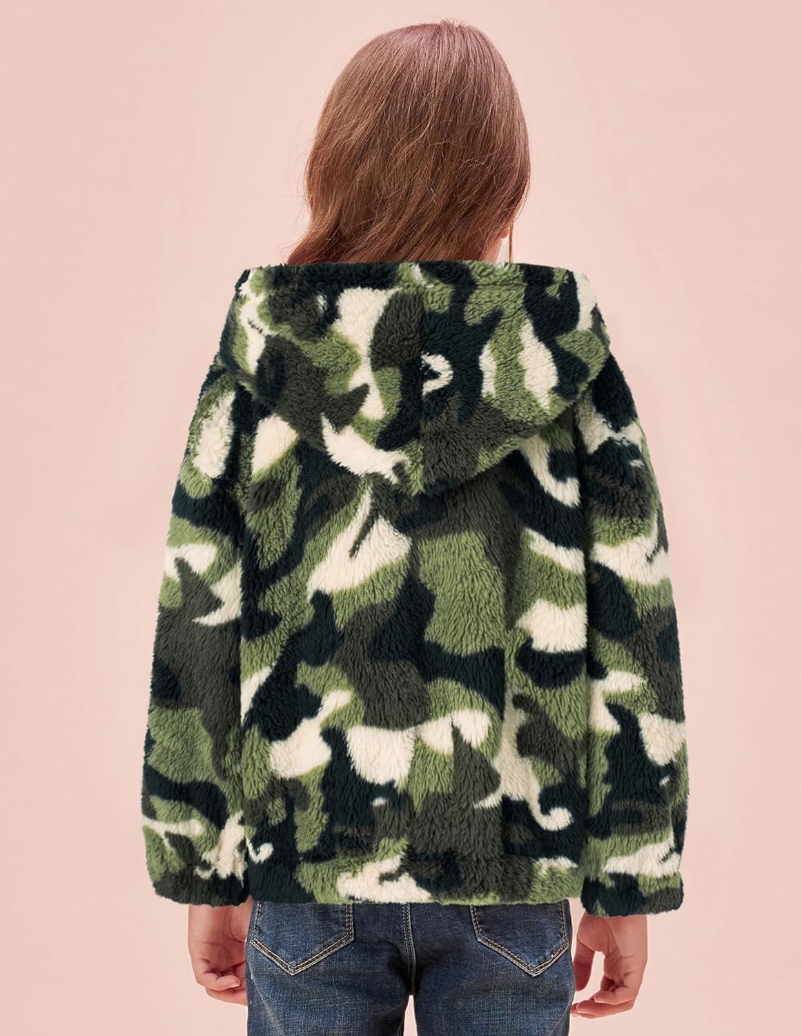 imageGRACE KARIN Girls Fleece Jacket Zip Up Sherpa Coat Kids Fall Hoodie Fuzzy Sweatshirt Size 514Army Green Camouflage