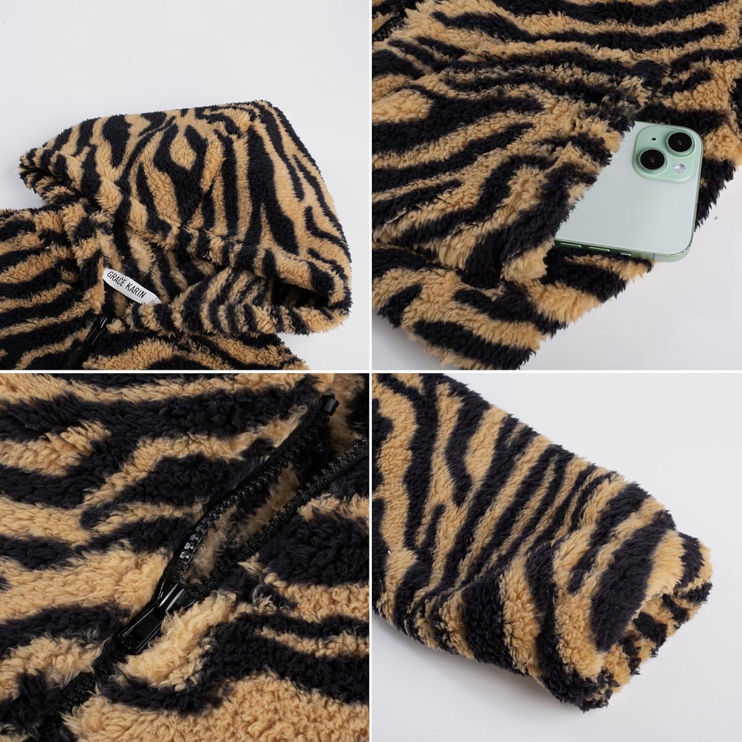 imageGRACE KARIN Girls Fleece Jacket Zip Up Sherpa Coat Kids Fall Hoodie Fuzzy Sweatshirt Size 514Brown Zebra Print