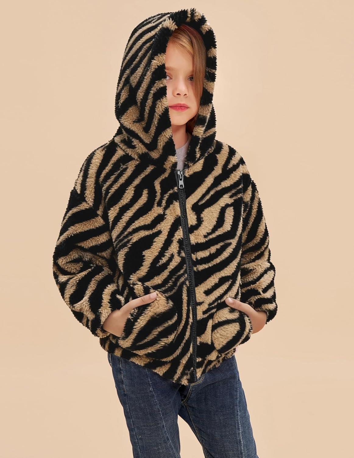 imageGRACE KARIN Girls Fleece Jacket Zip Up Sherpa Coat Kids Fall Hoodie Fuzzy Sweatshirt Size 514Brown Zebra Print