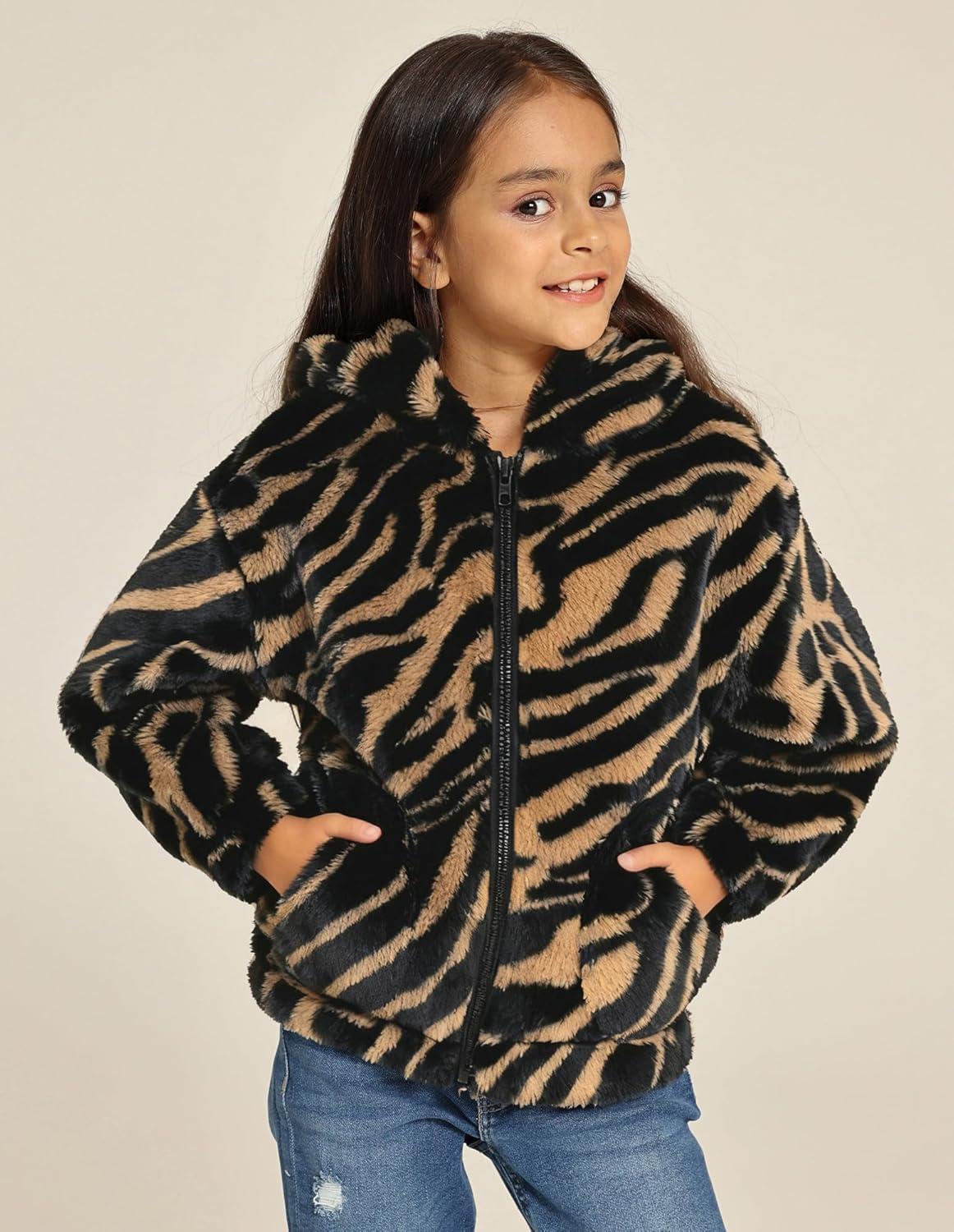 imageGRACE KARIN Girls Fleece Jacket Zip Up Sherpa Coat Kids Fall Hoodie Fuzzy Sweatshirt Size 514Brown Zebra Print
