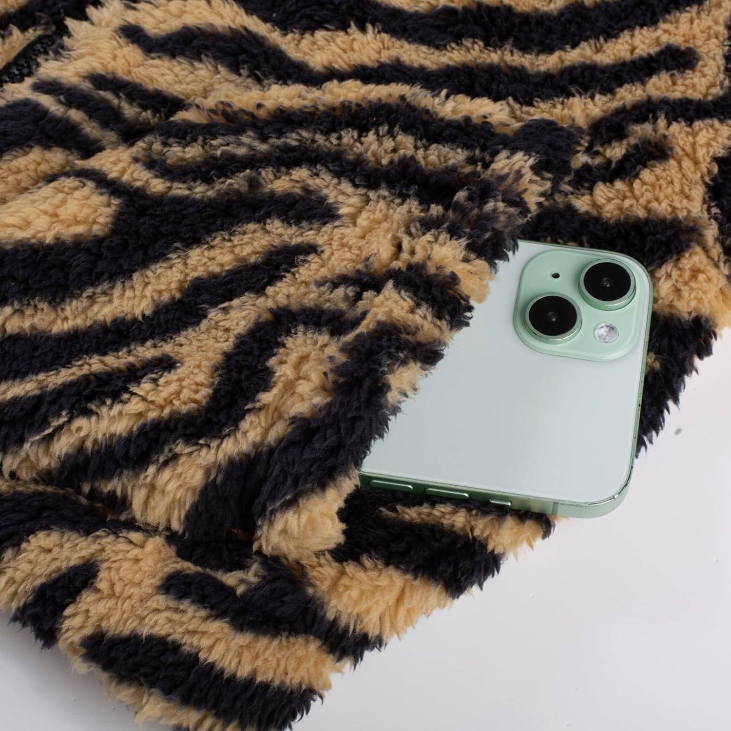 imageGRACE KARIN Girls Fleece Jacket Zip Up Sherpa Coat Kids Fall Hoodie Fuzzy Sweatshirt Size 514Brown Zebra Print