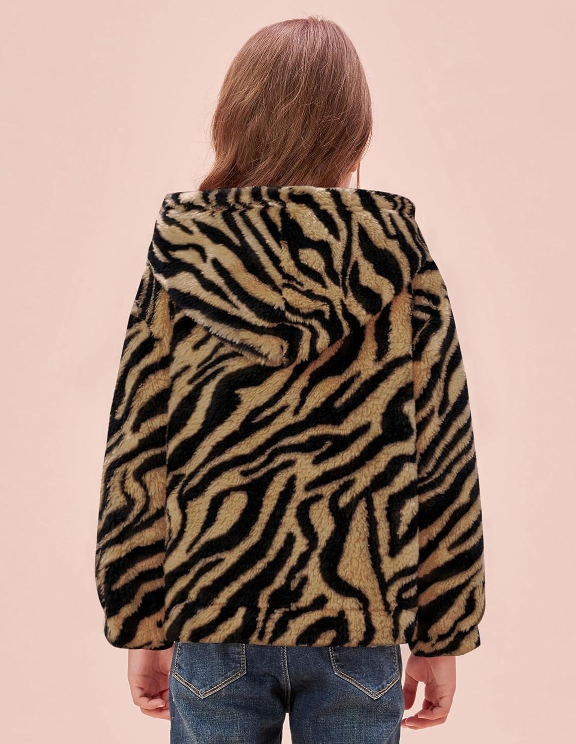 imageGRACE KARIN Girls Fleece Jacket Zip Up Sherpa Coat Kids Fall Hoodie Fuzzy Sweatshirt Size 514Brown Zebra Print