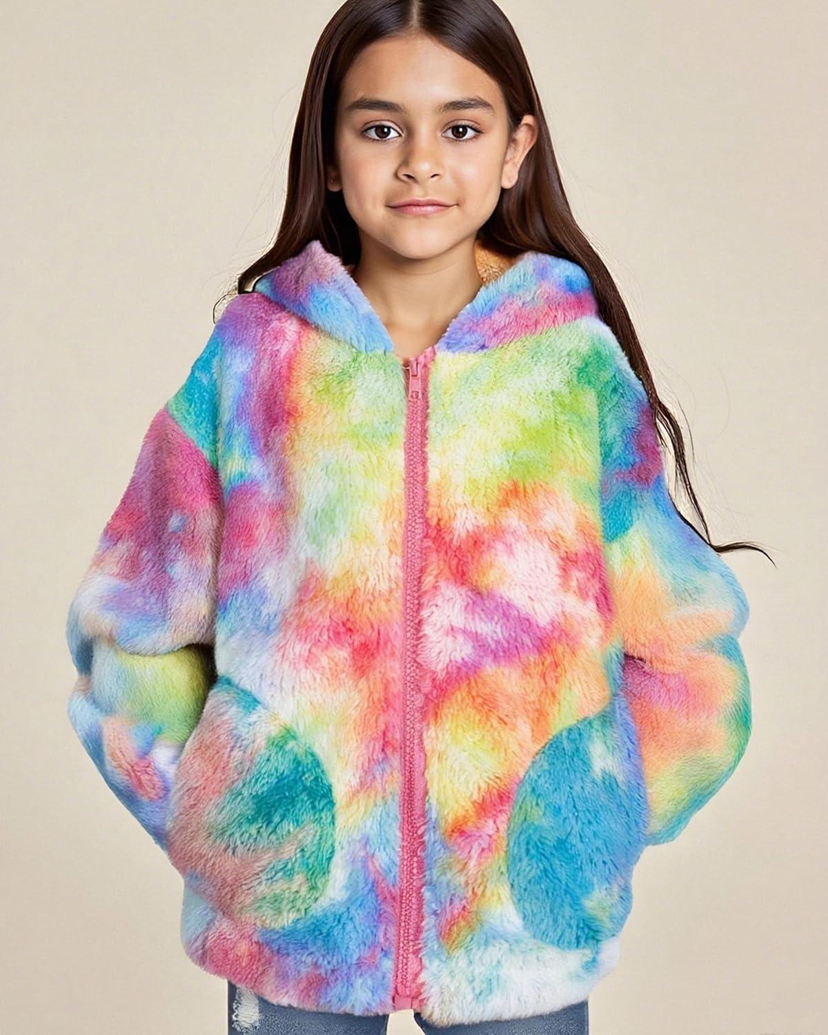 imageGRACE KARIN Girls Fleece Jacket Zip Up Sherpa Coat Kids Fall Hoodie Fuzzy Sweatshirt Size 514Colorful Tiedye
