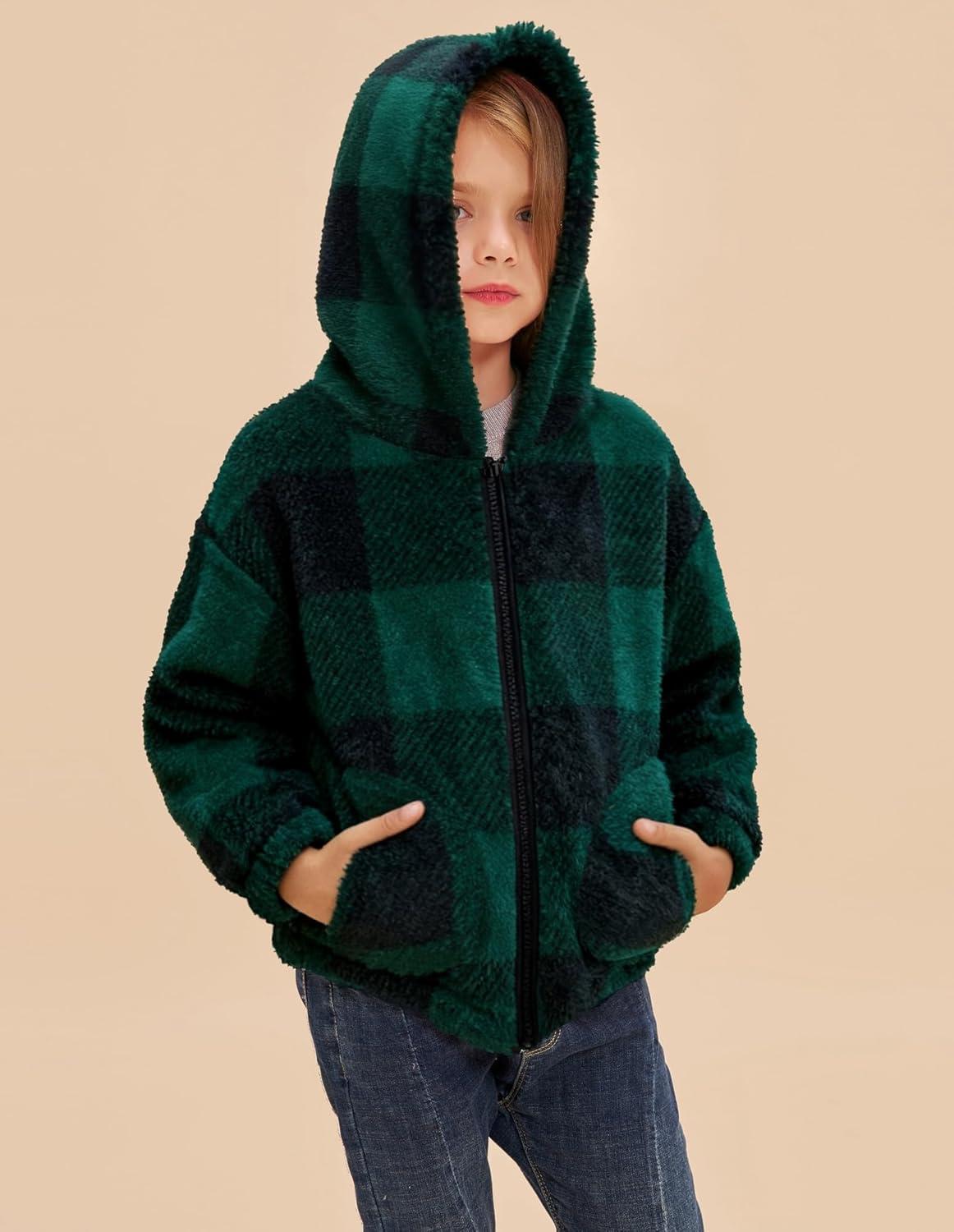 imageGRACE KARIN Girls Fleece Jacket Zip Up Sherpa Coat Kids Fall Hoodie Fuzzy Sweatshirt Size 514Green Plaid