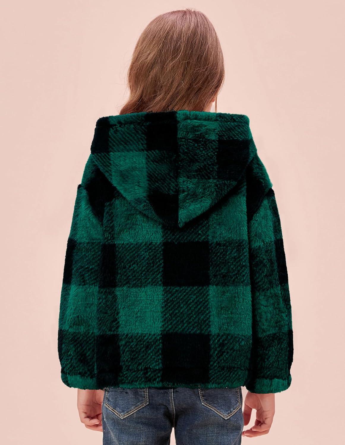 imageGRACE KARIN Girls Fleece Jacket Zip Up Sherpa Coat Kids Fall Hoodie Fuzzy Sweatshirt Size 514Green Plaid