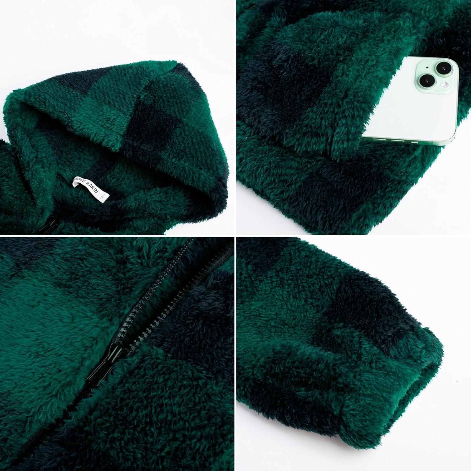 imageGRACE KARIN Girls Fleece Jacket Zip Up Sherpa Coat Kids Fall Hoodie Fuzzy Sweatshirt Size 514Green Plaid