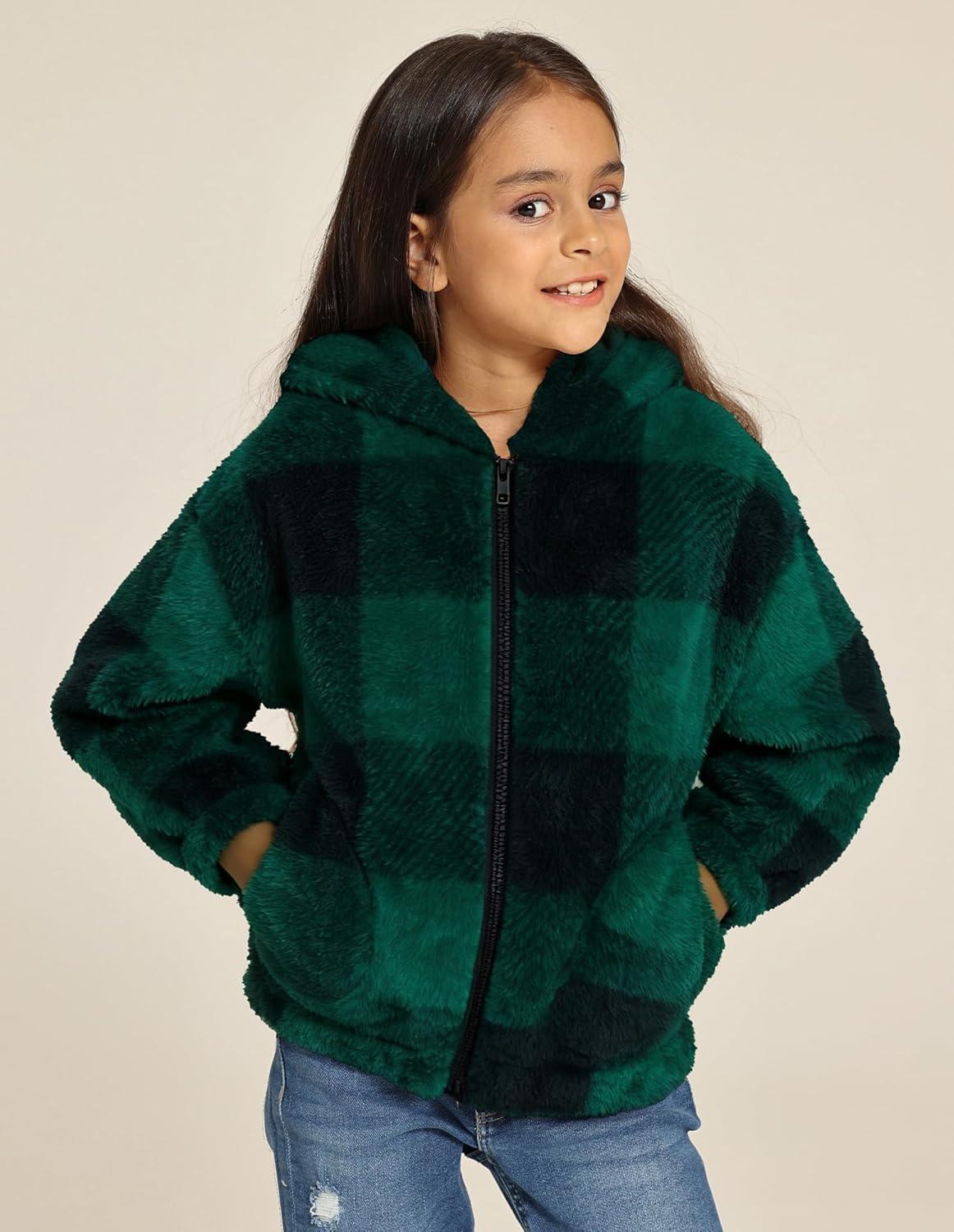 imageGRACE KARIN Girls Fleece Jacket Zip Up Sherpa Coat Kids Fall Hoodie Fuzzy Sweatshirt Size 514Green Plaid