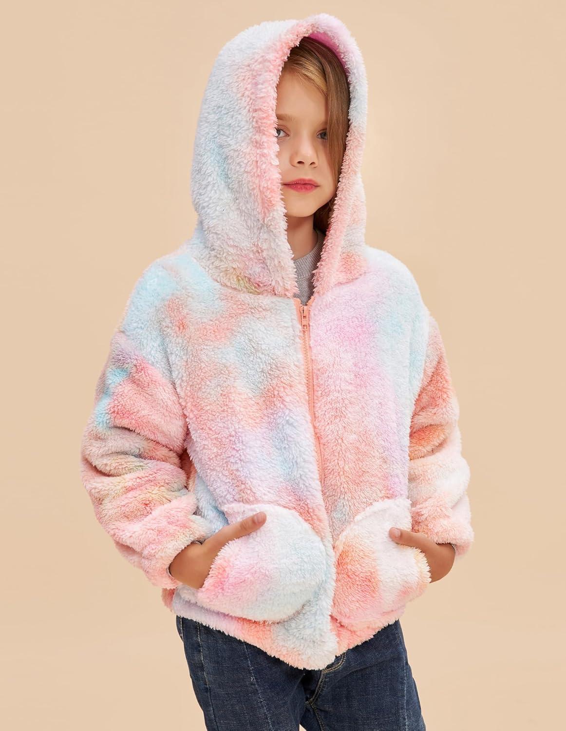 imageGRACE KARIN Girls Fleece Jacket Zip Up Sherpa Coat Kids Fall Hoodie Fuzzy Sweatshirt Size 514Orange Tiedye
